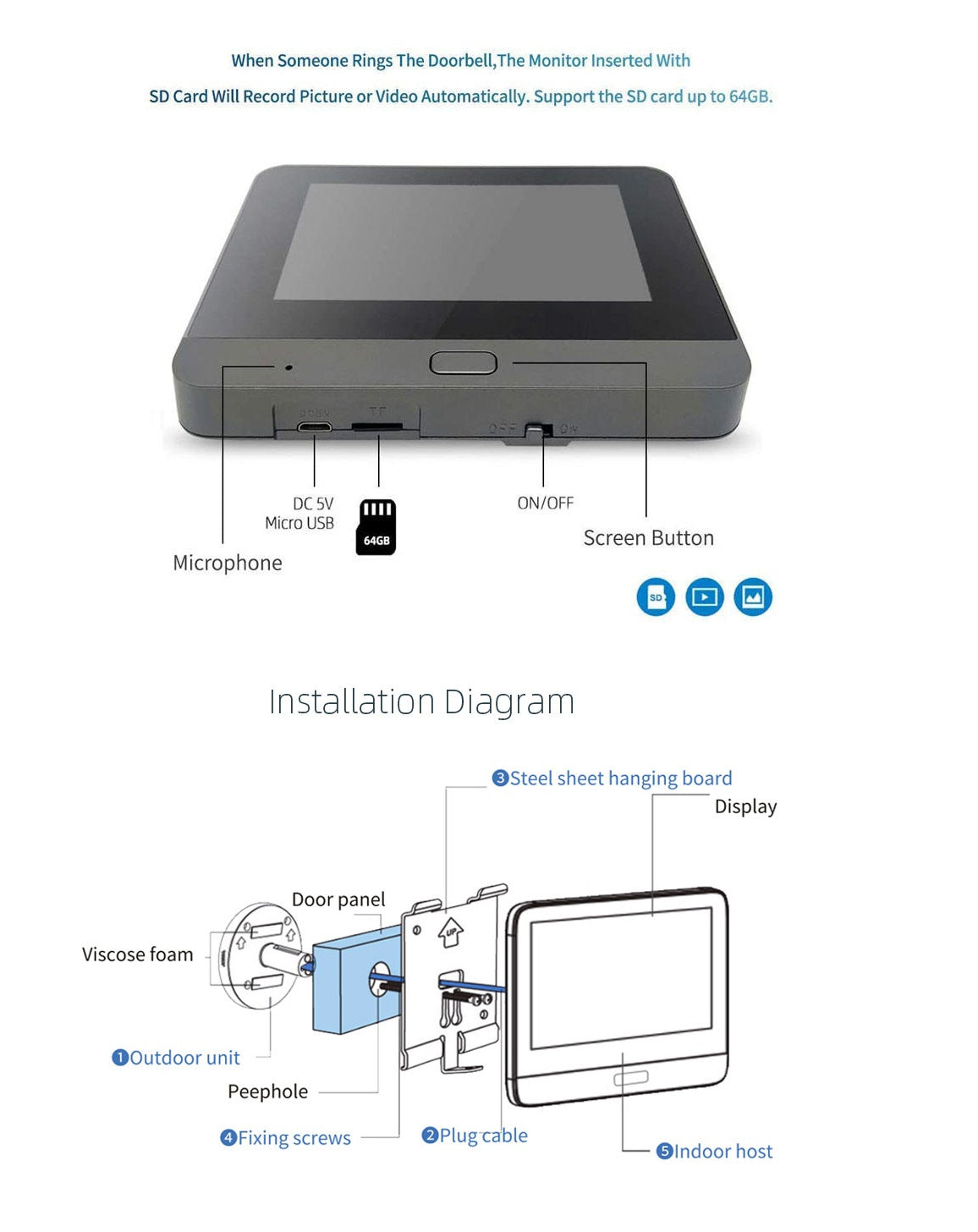 Wireless WiFi Smart Video Doorbell with Display Screen