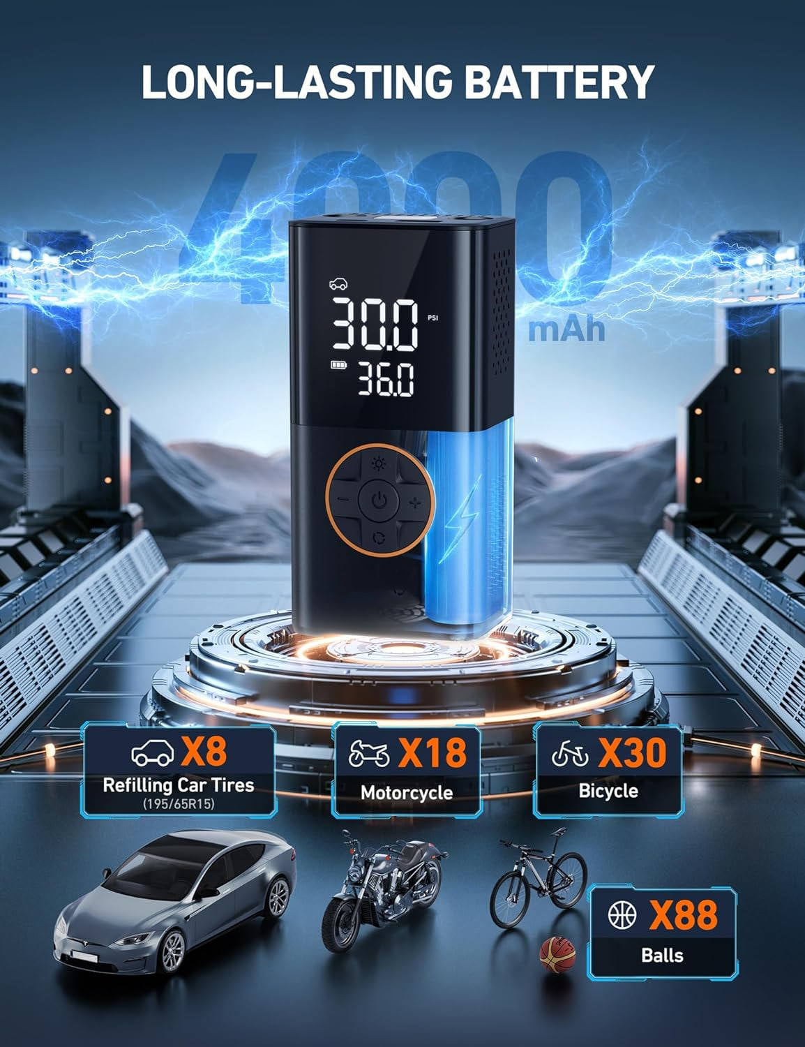 Cordless Tyre Inflator for Car & Bike with 4000mAh Battery