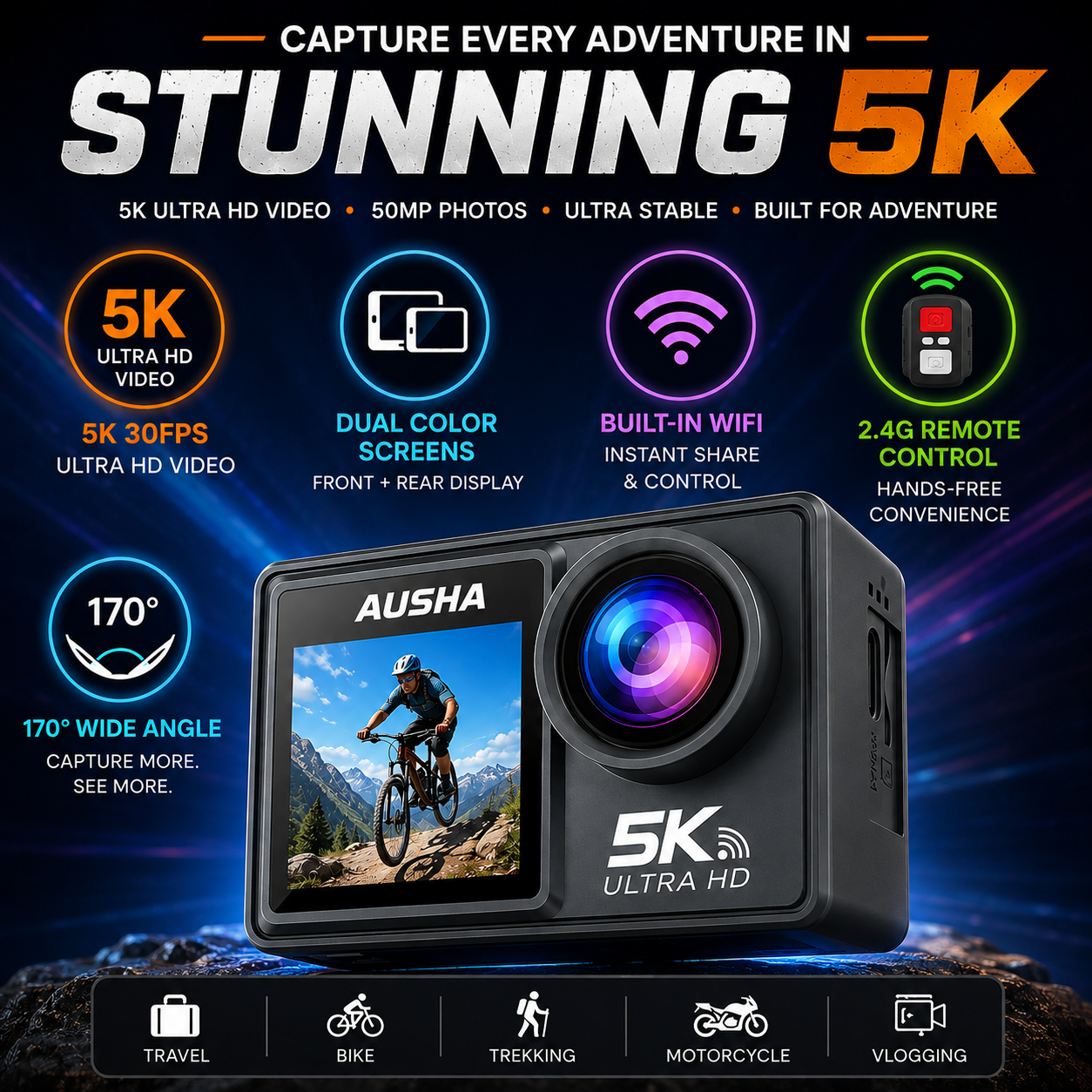 AUSHA 5k Action Camera with 30fps with EIS , Wifi, Dual Screen