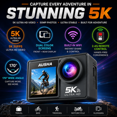 AUSHA 5k Action Camera with 30fps with EIS , Wifi, Dual Screen