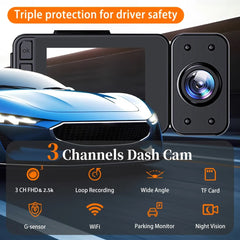 3 Channel Dash Cam for Cars with 2.5K Video & WiFi