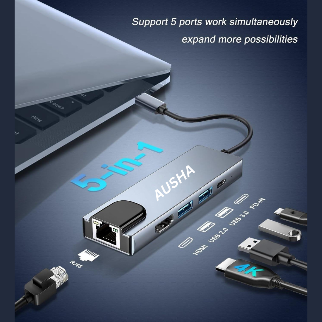 5 in 1 USBC Hub with Ethernet, HDMI, LAN & 100W PD