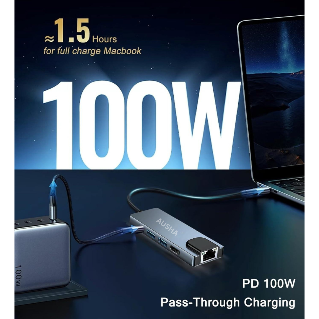 5 in 1 USBC Hub with Ethernet, HDMI, LAN & 100W PD