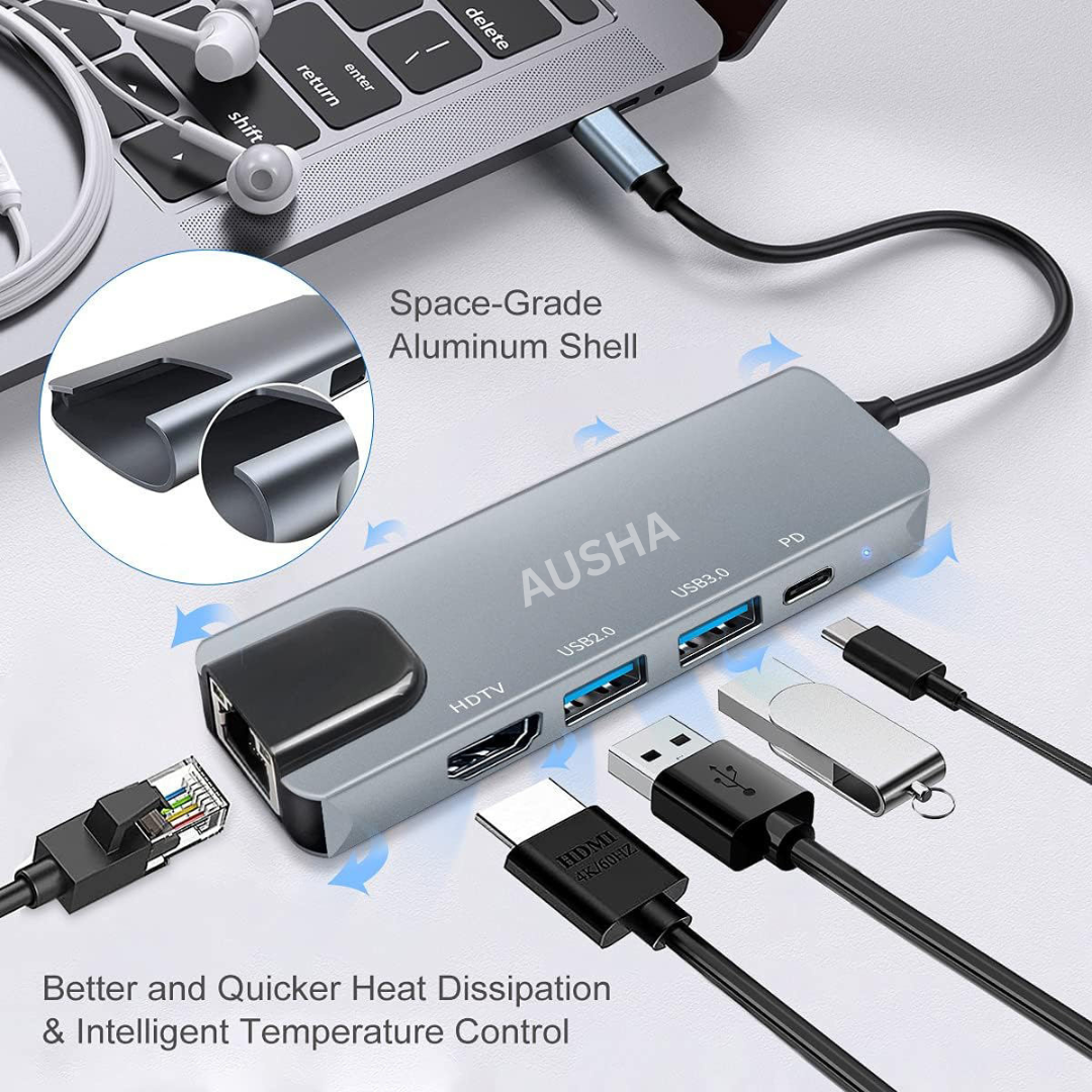 5 in 1 USBC Hub with Ethernet, HDMI, LAN & 100W PD
