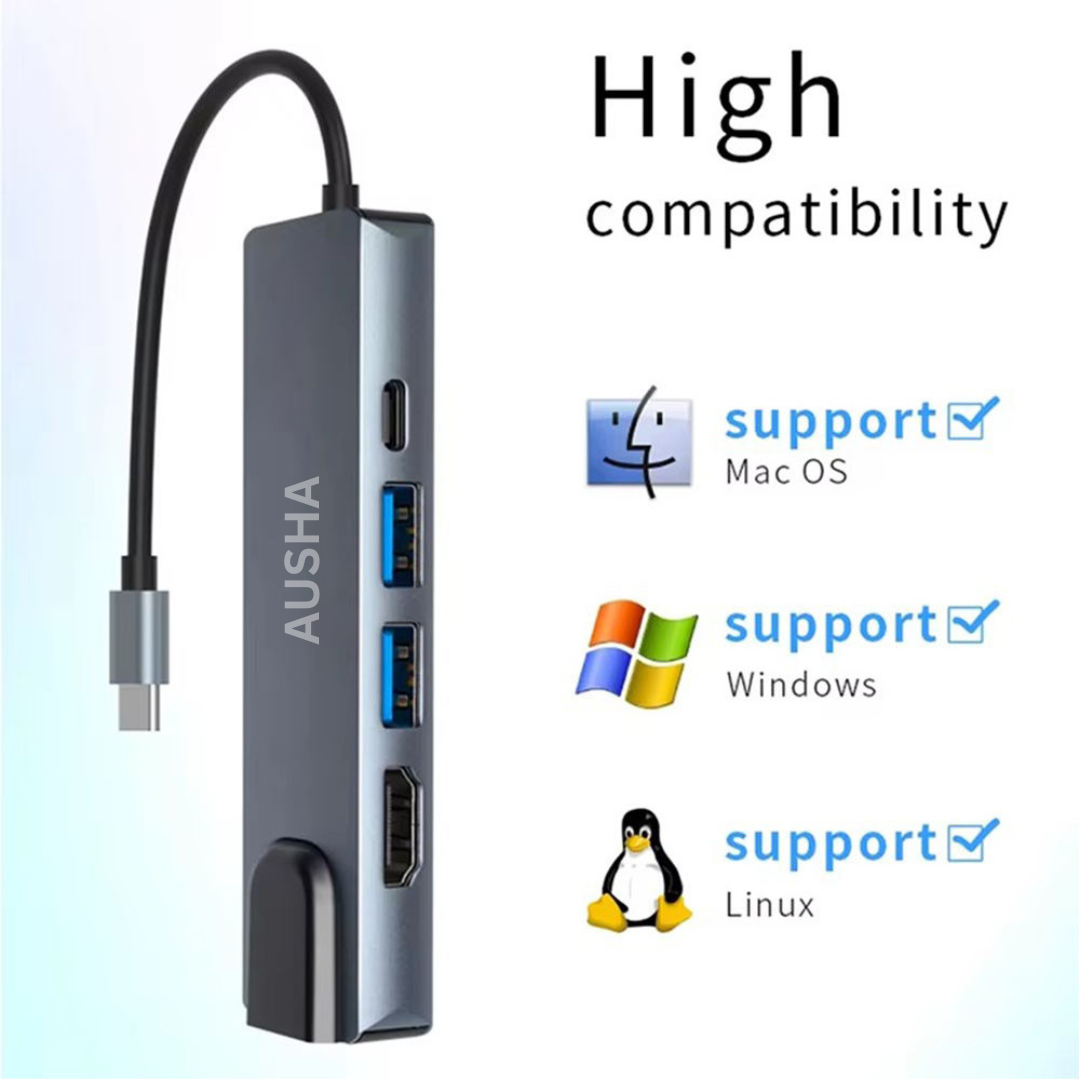 5 in 1 USBC Hub with Ethernet, HDMI, LAN & 100W PD