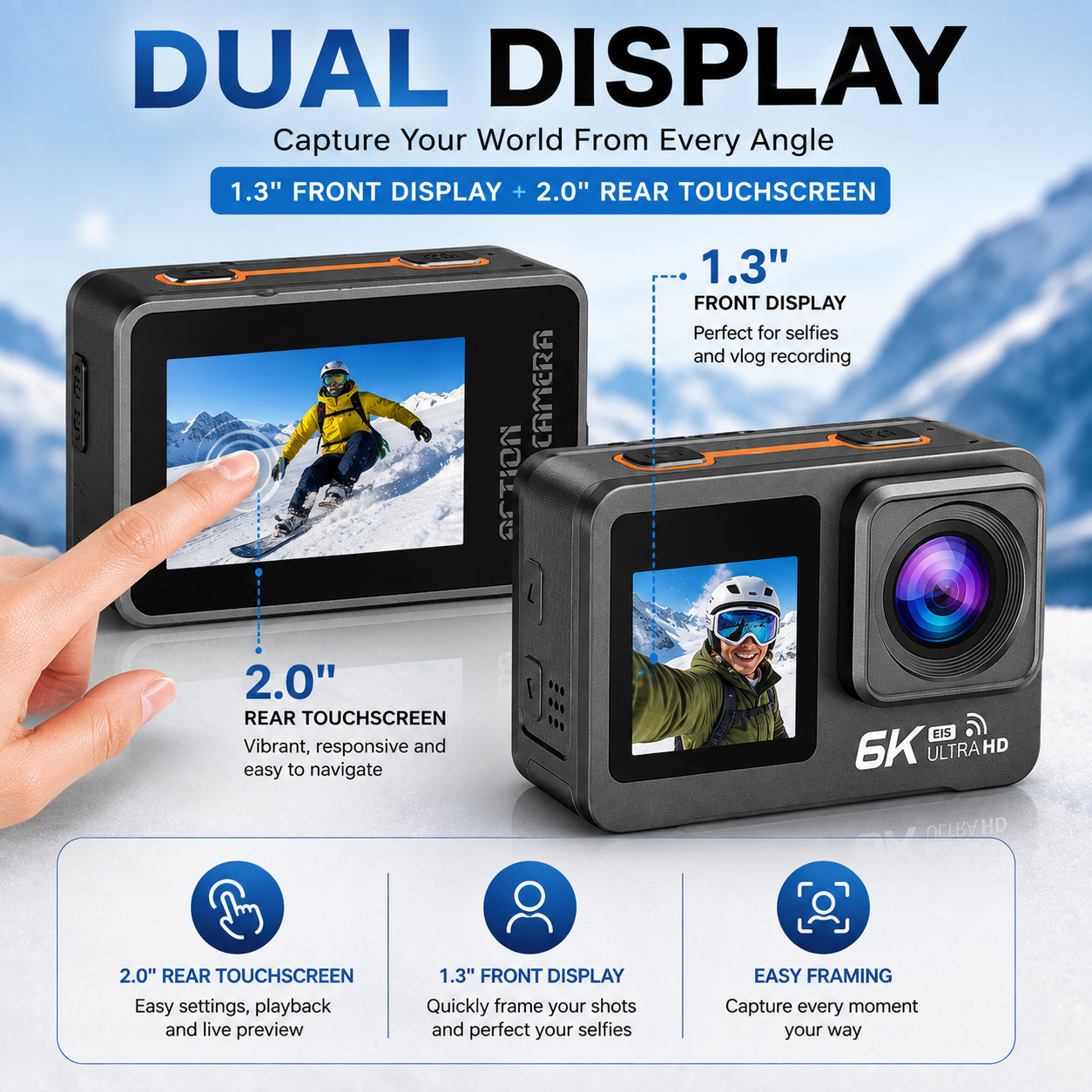AUSHA 6K Action Camera 30fps with EIS , Wifi, Dual Touch Screen, Remote Control
