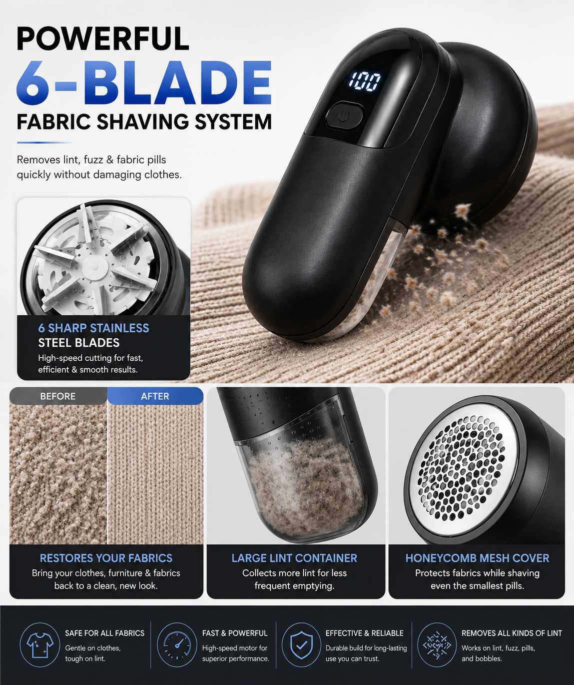 AUSHA Rechargeable Fabric Shaver Lint Remover