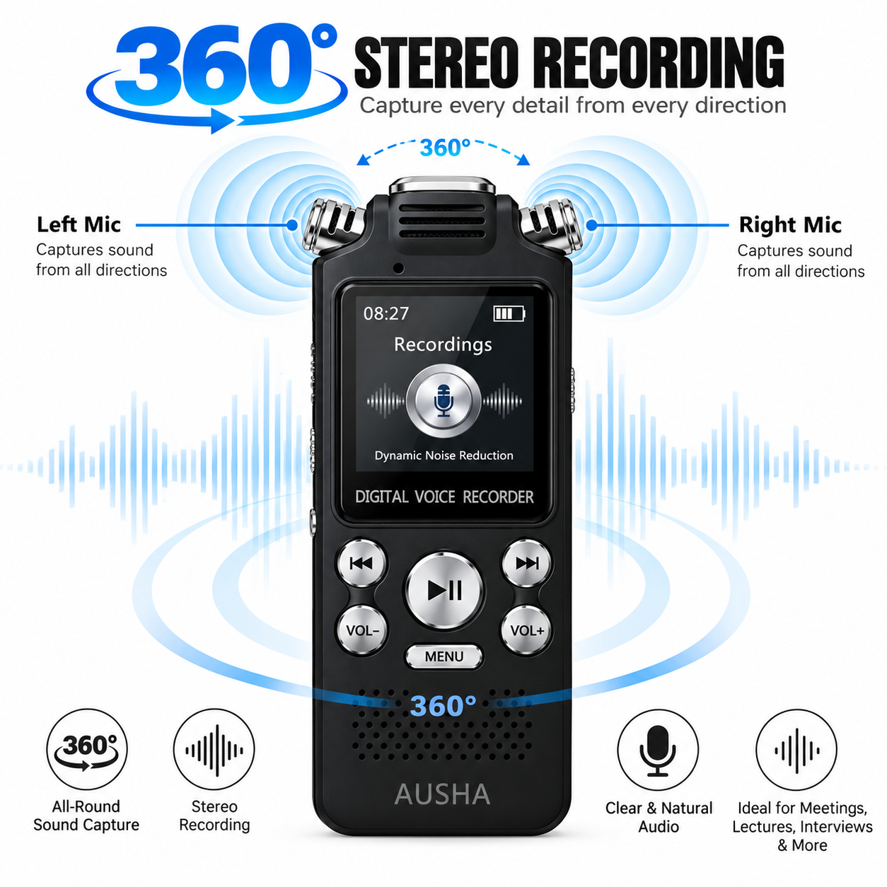 AUSHA Digital Audio Recorder- with 3 Microphones & 128GB Memory