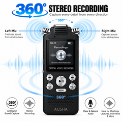 AUSHA Digital Audio Recorder- with 3 Microphones & 128GB Memory