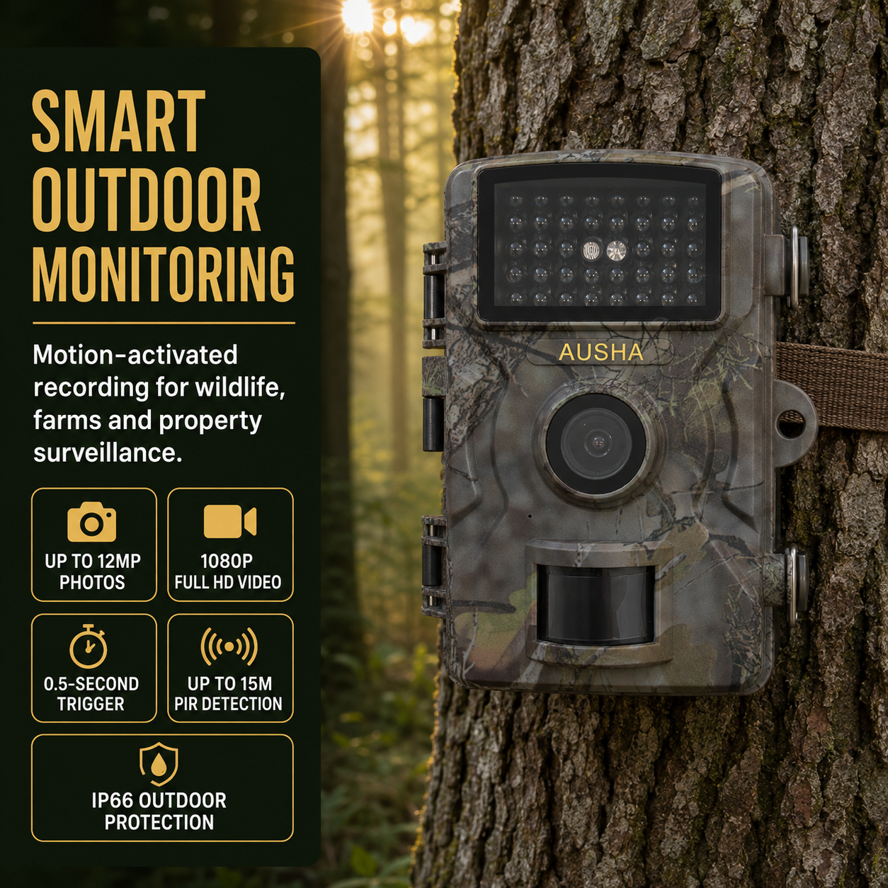 AUSHA Full HD Trail Camera- IP66 Waterproof for Wildlife Monitoring