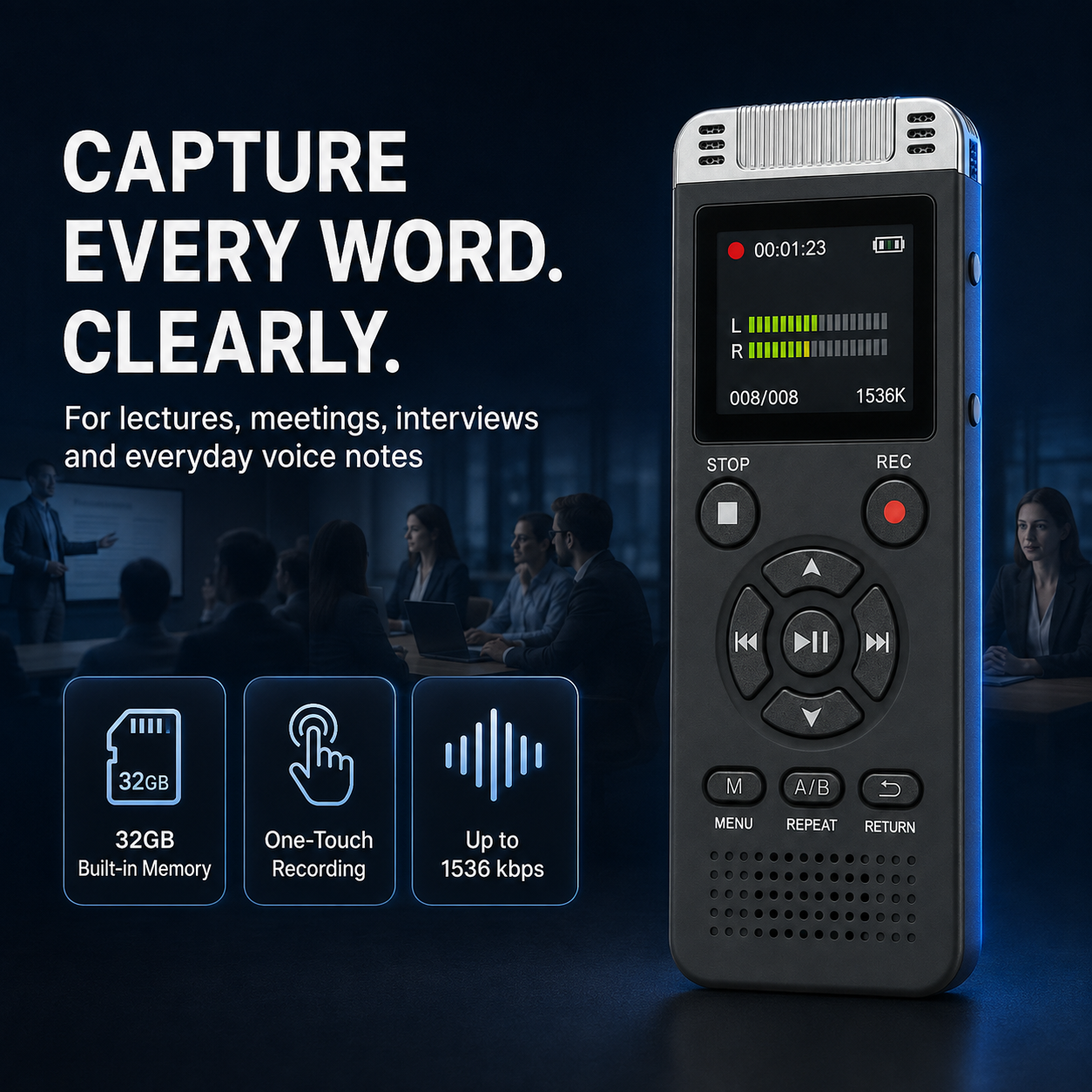 AUSHA Digital Voice Recorder-32GB Storage & 80 Hours Battery Life
