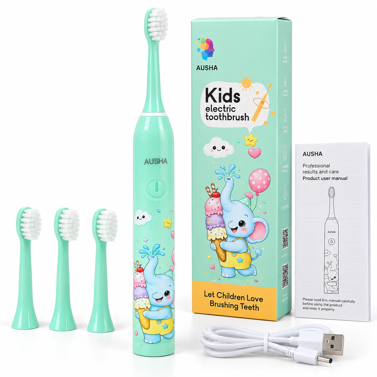 AUSHA Kids Electric Toothbrush with 3 Extra Heads