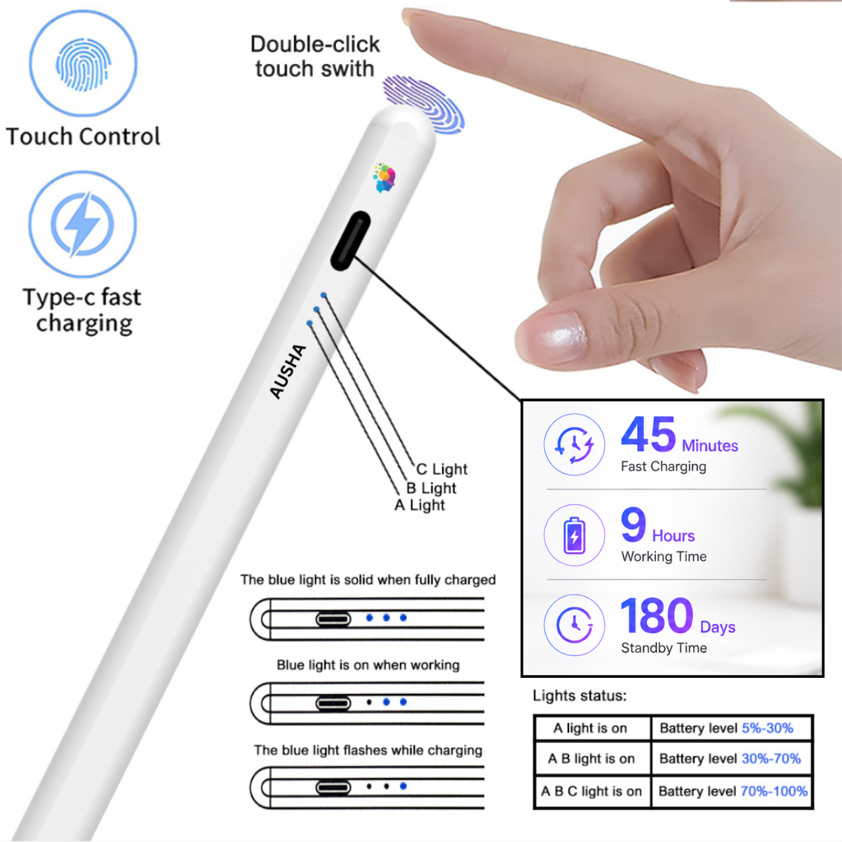 AUSHA Universal Active Stylus Pen for iOS, Android, Windows