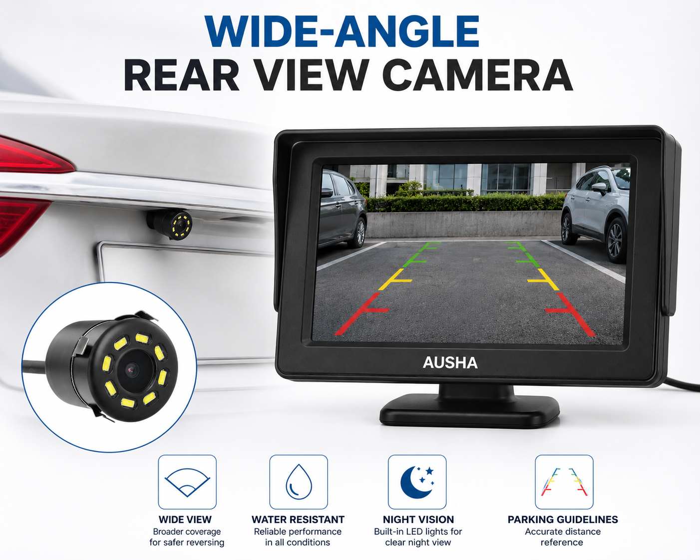 AUSHA Universal Car Rear View Camera with Display