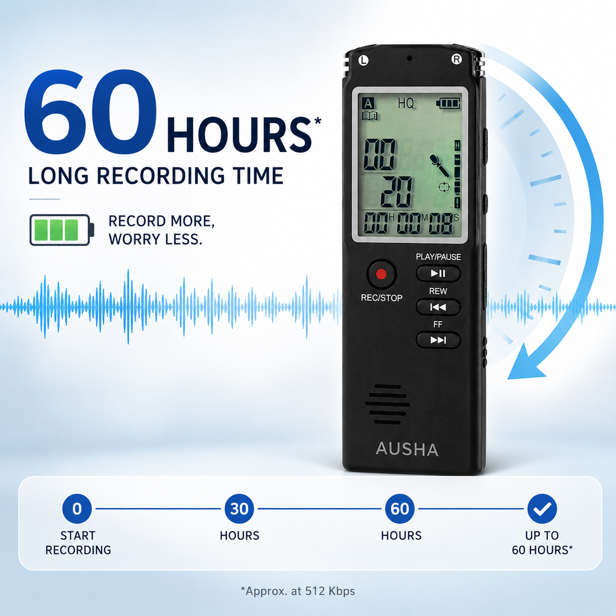 AUSHA Digital Voice Recorder-32 GB & 13 Hours Battery Life