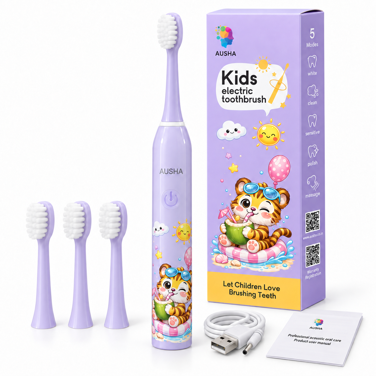AUSHA Kids Electric Toothbrush with 3 Extra Heads
