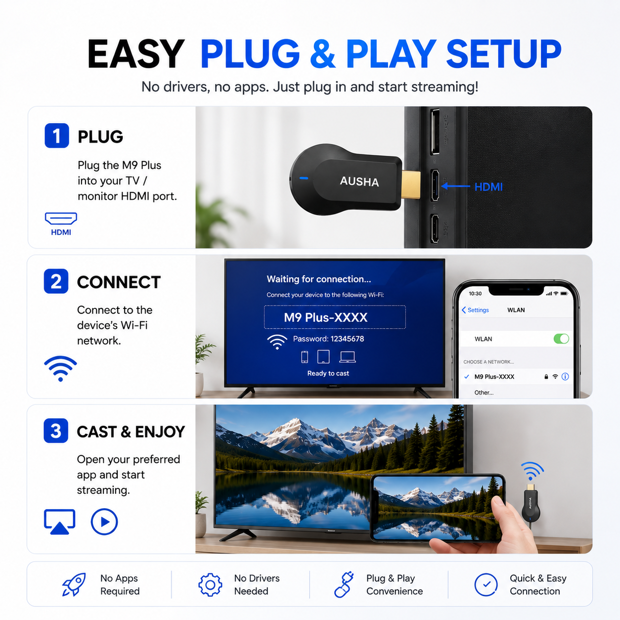 AUSHA 4K Wireless Display HDMI Casting Dongle