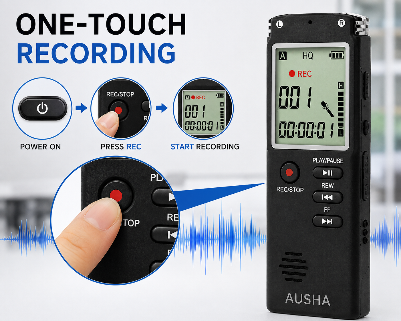 AUSHA Digital Voice Recorder-32 GB & 13 Hours Battery Life