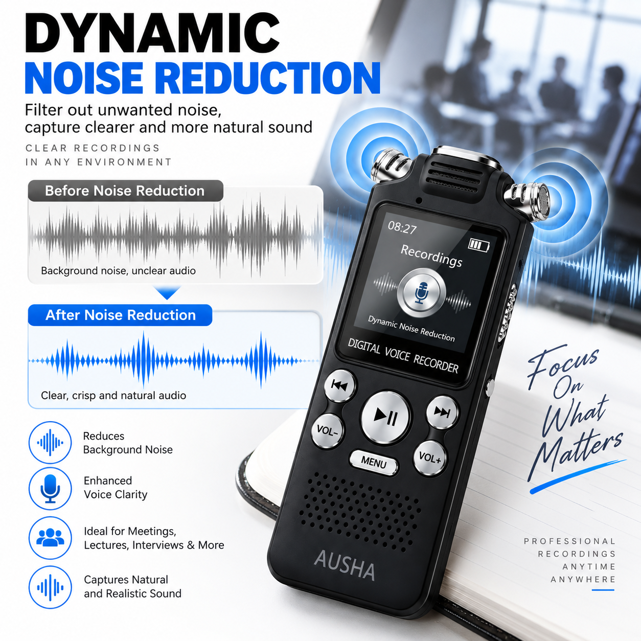 AUSHA Digital Audio Recorder- with 3 Microphones & 128GB Memory