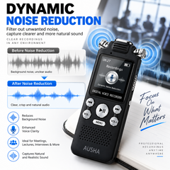 AUSHA Digital Audio Recorder- with 3 Microphones & 128GB Memory