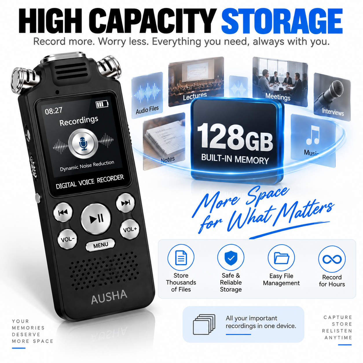 AUSHA Digital Audio Recorder- with 3 Microphones & 128GB Memory