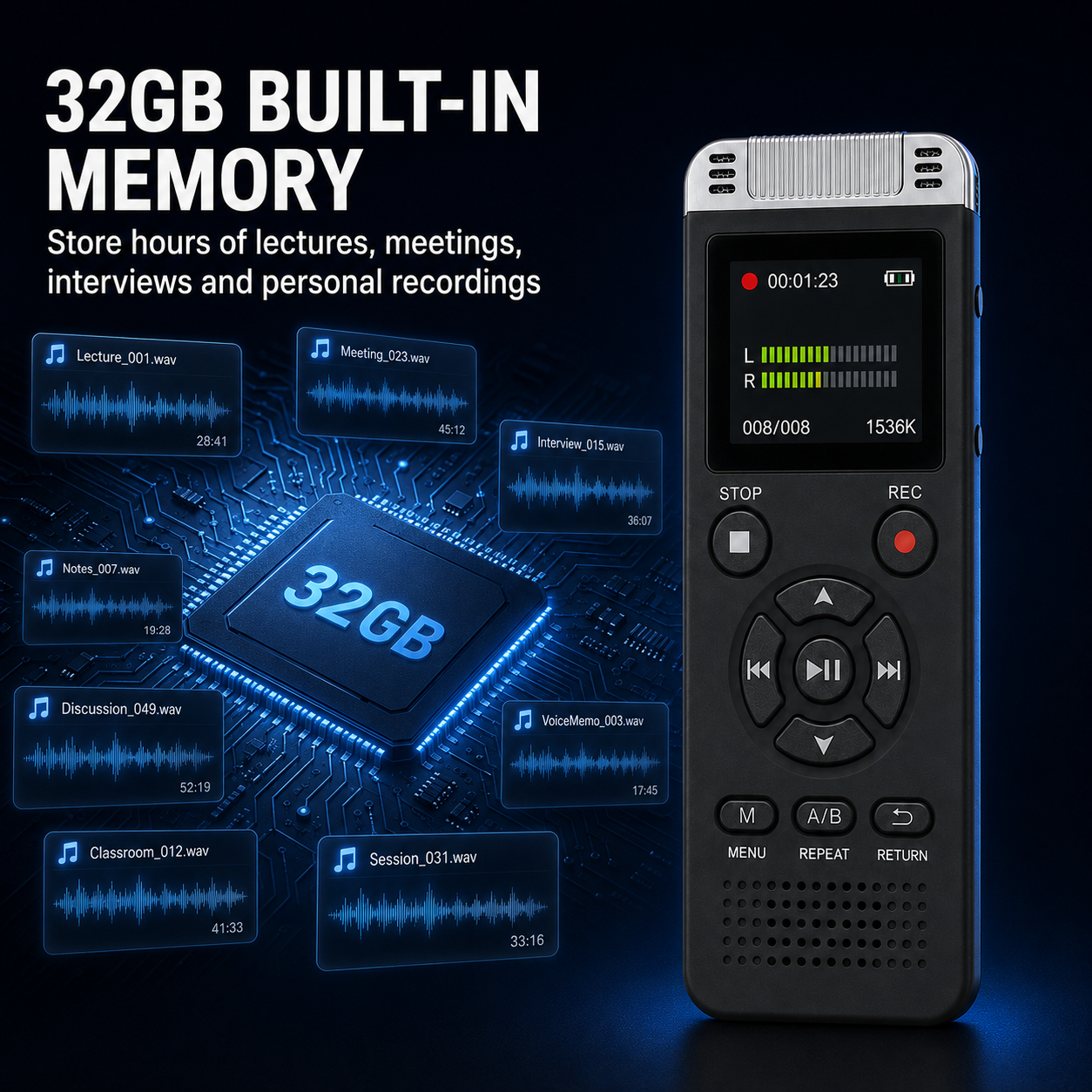AUSHA Digital Voice Recorder-32GB Storage & 80 Hours Battery Life