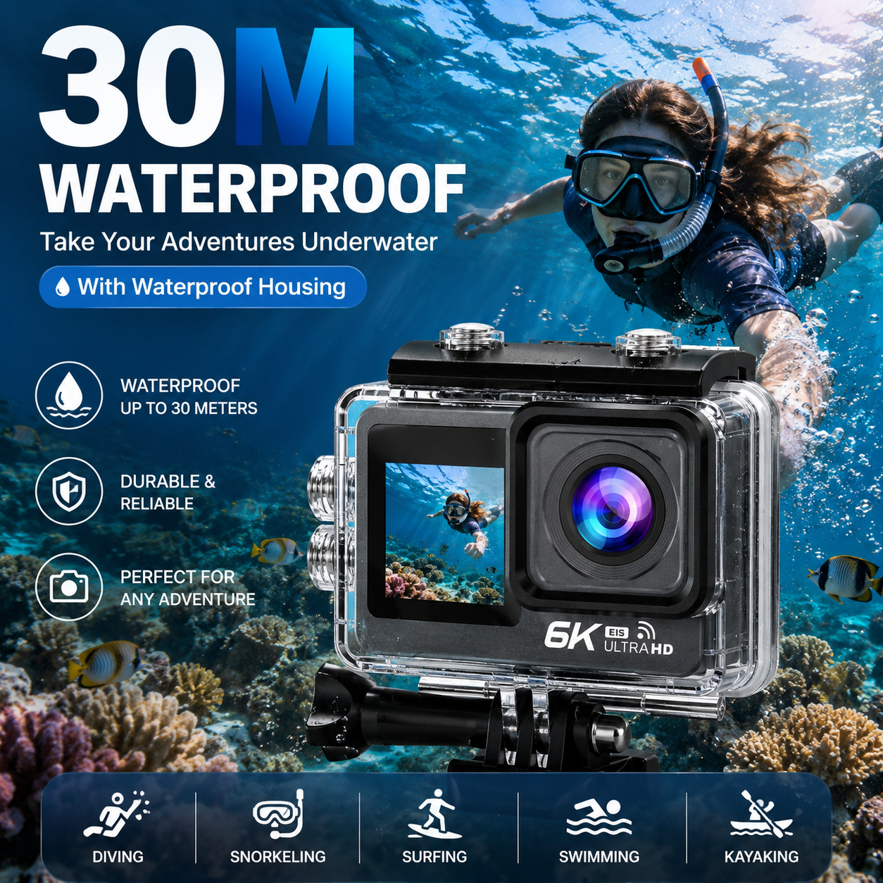 AUSHA 6K Action Camera 30fps with EIS , Wifi, Dual Touch Screen, Remote Control