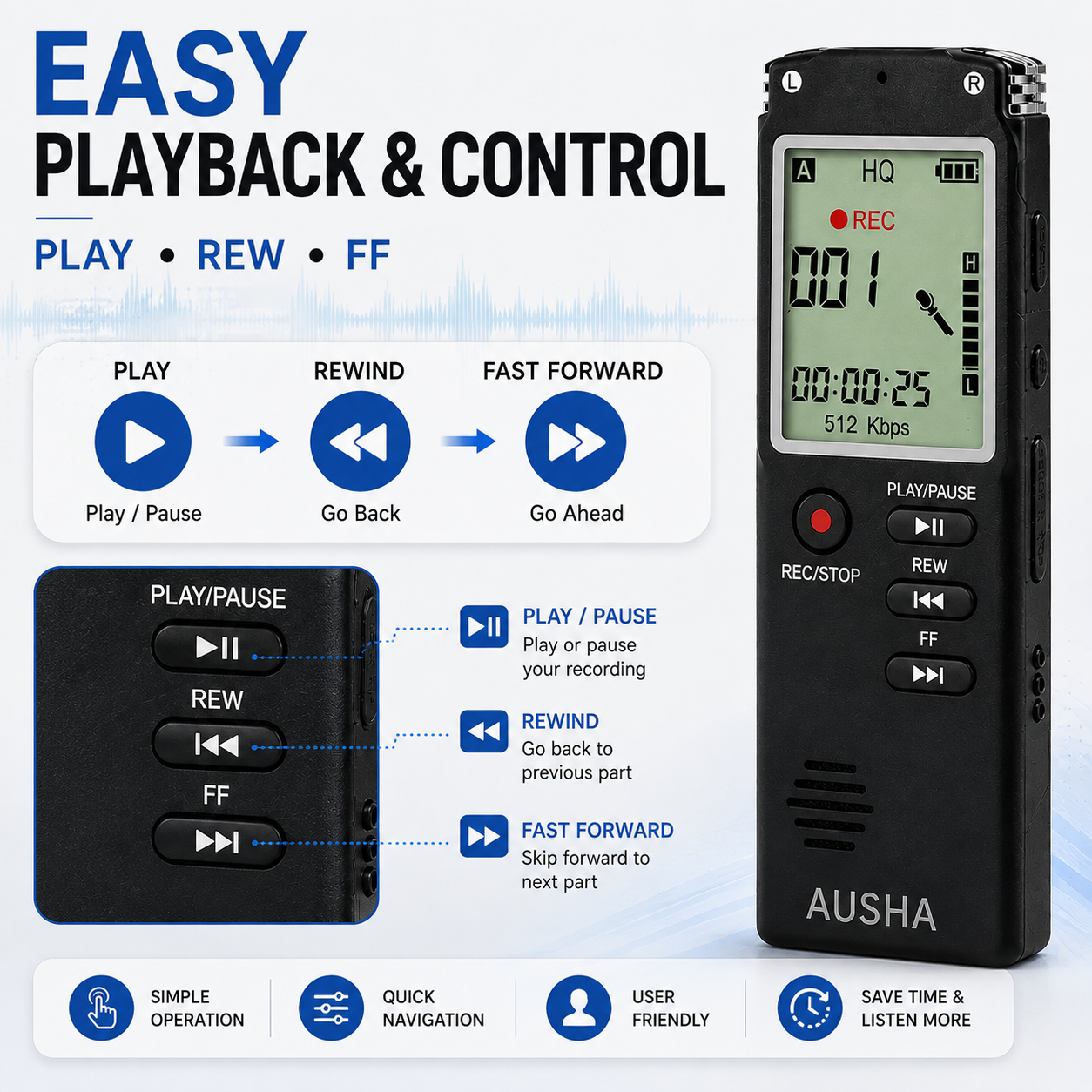 AUSHA Digital Voice Recorder-32 GB & 13 Hours Battery Life
