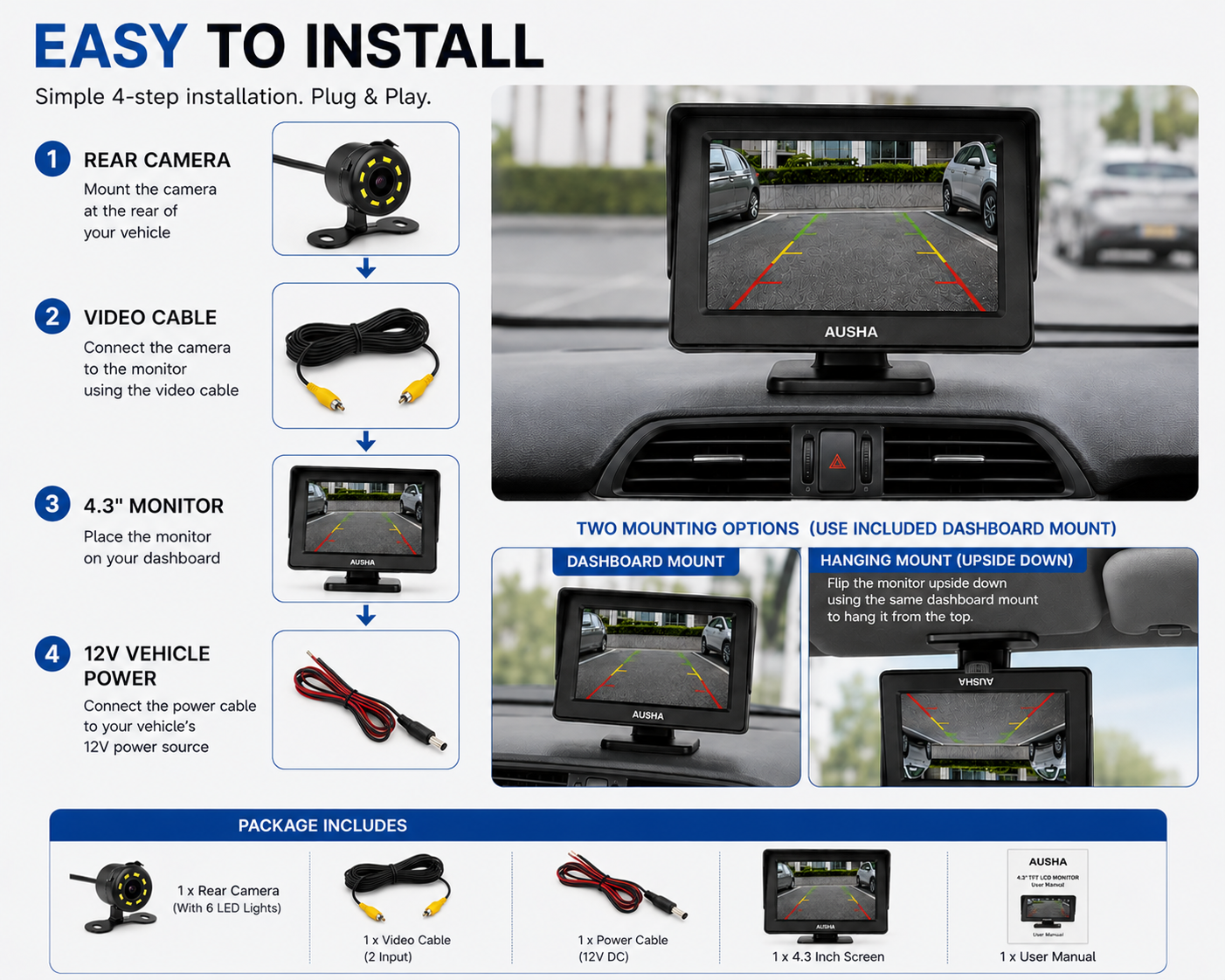 AUSHA Universal Car Rear View Camera with Display