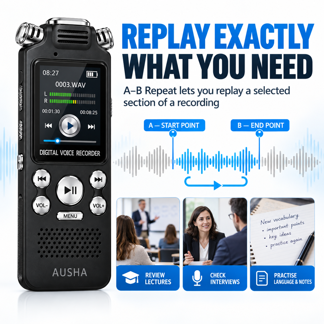 AUSHA Digital Audio Recorder- with 3 Microphones & 128GB Memory
