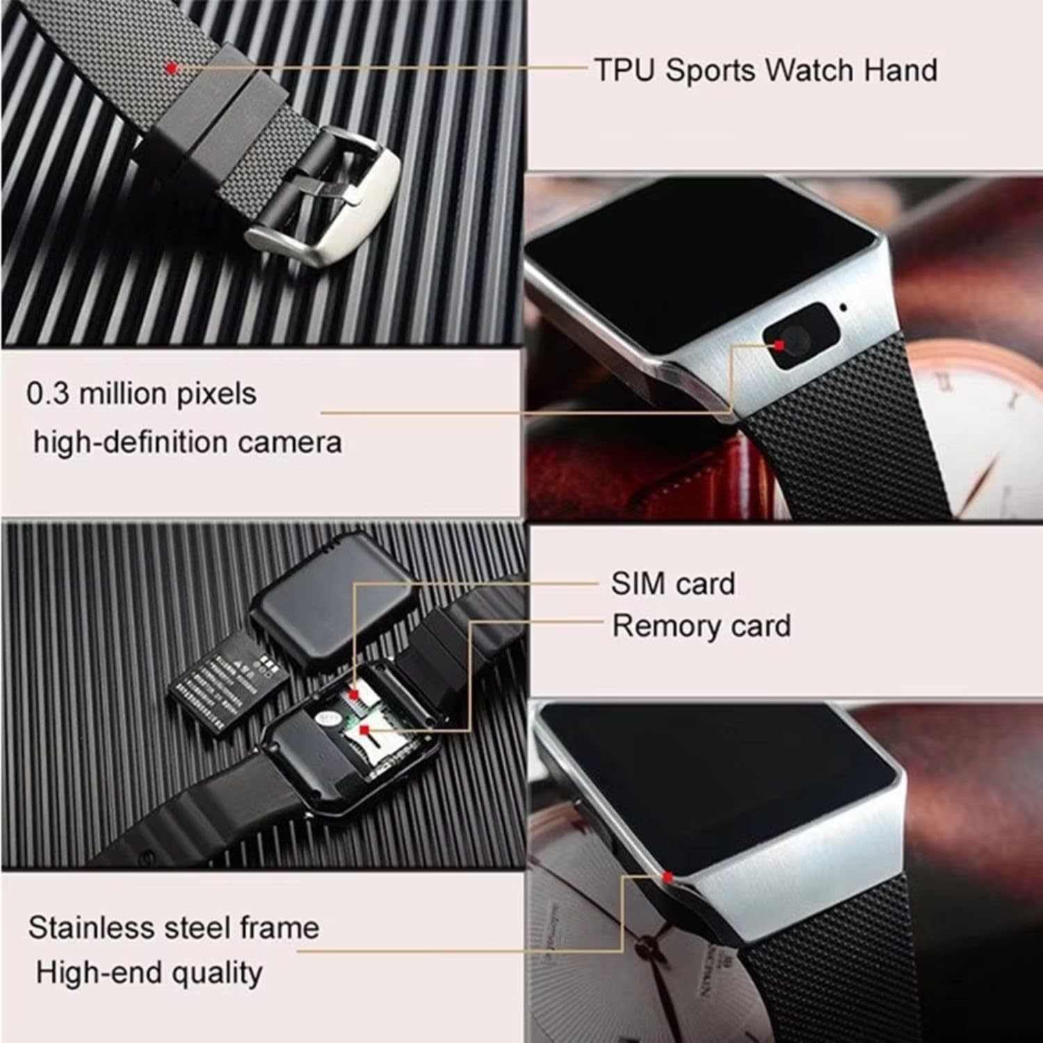 AUSHA 1.5" Bluetooth Touch Screen Sim Card Calling Smart Watch for iOS Android Phones with whatapp, Facebook, email Notification, Padometer