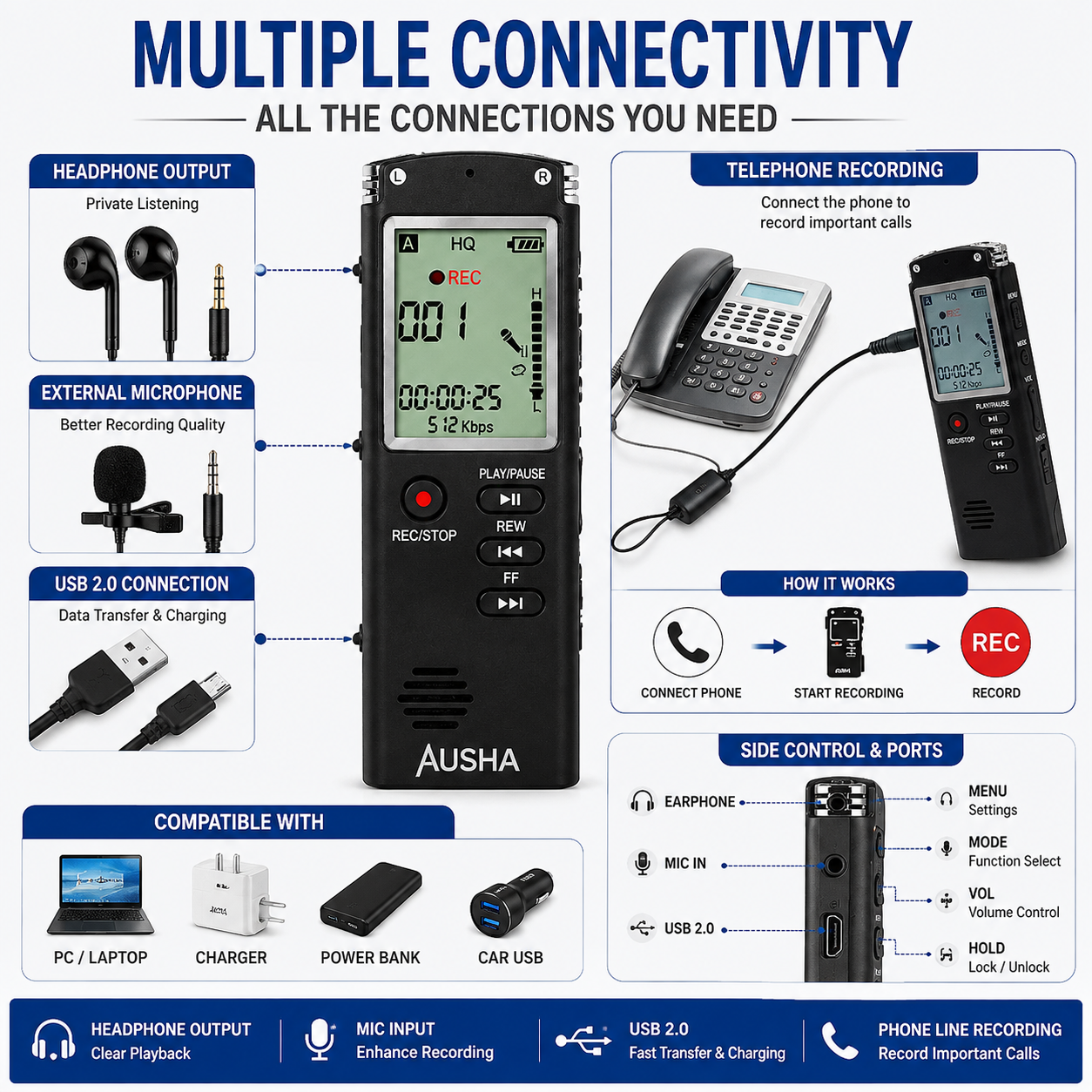 AUSHA Digital Voice Recorder-32 GB & 13 Hours Battery Life