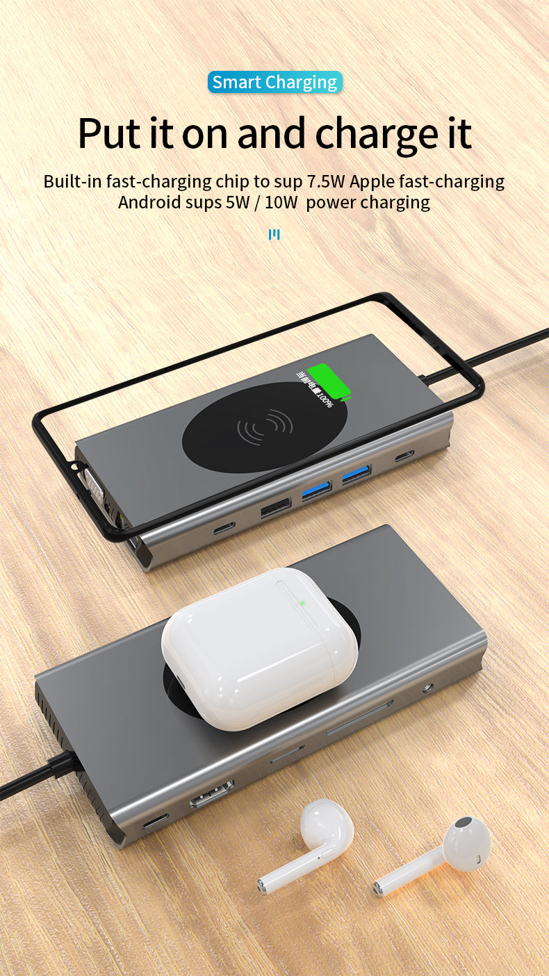 13 in 1 USB Type C Docking Station with Wireless Charging