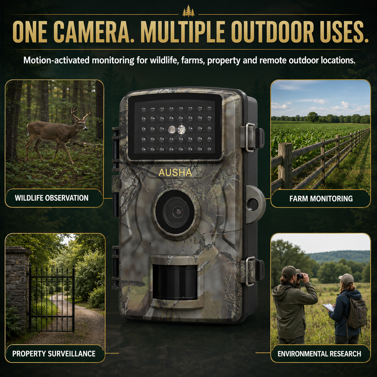 AUSHA Full HD Trail Camera- IP66 Waterproof for Wildlife Monitoring
