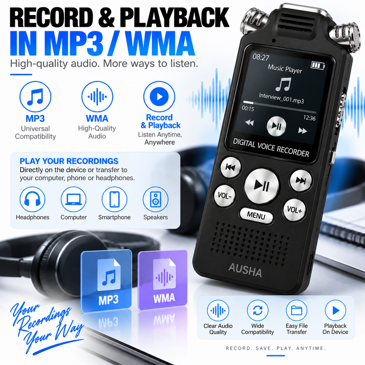 AUSHA Digital Audio Recorder- with 3 Microphones & 128GB Memory
