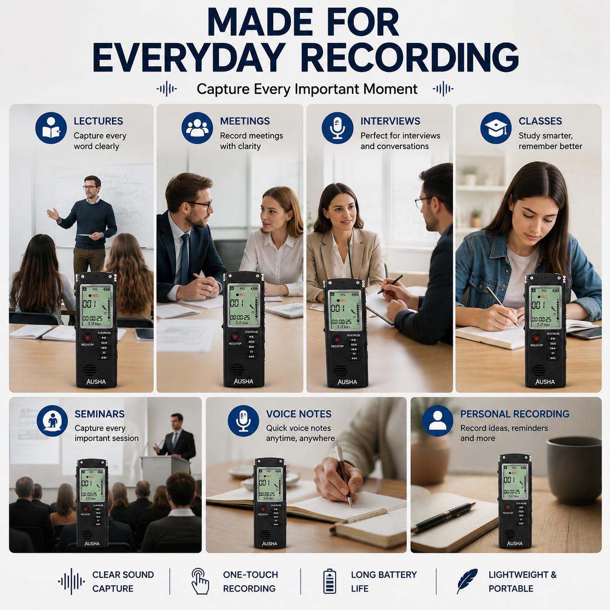 AUSHA Digital Voice Recorder-32 GB & 13 Hours Battery Life
