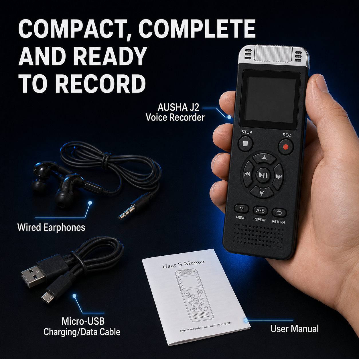 AUSHA Digital Voice Recorder-32GB Storage & 80 Hours Battery Life
