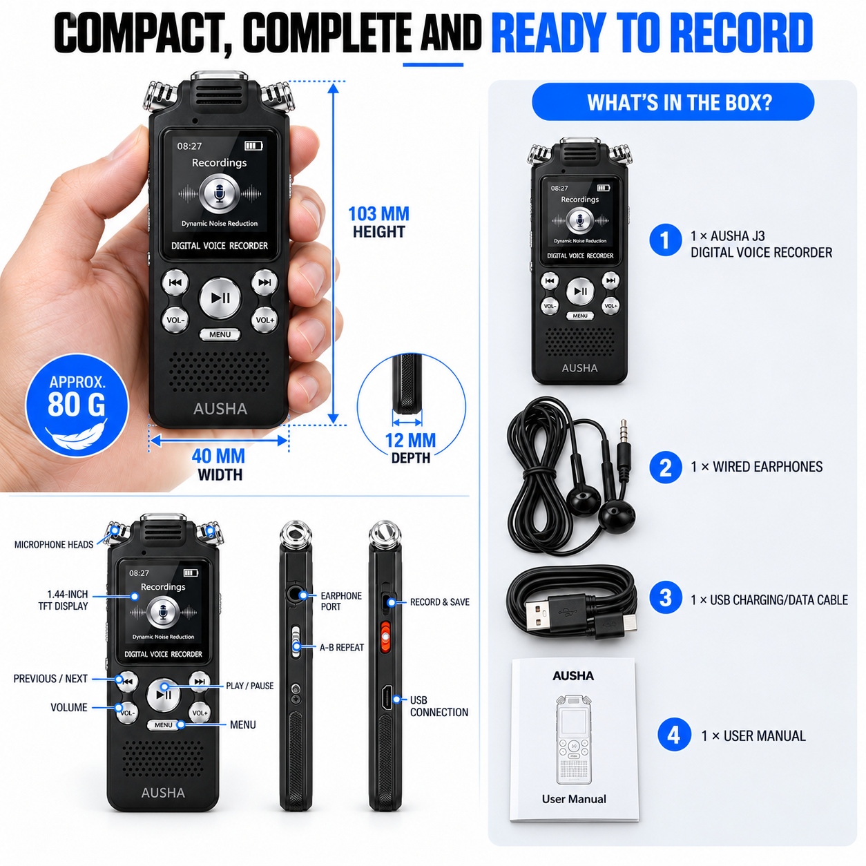 AUSHA Digital Audio Recorder- with 3 Microphones & 128GB Memory
