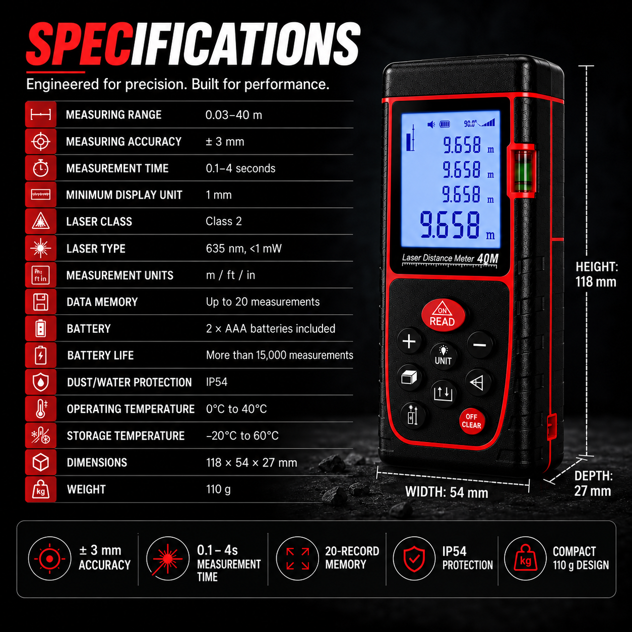 AUSHA 40M Laser Distance Meter