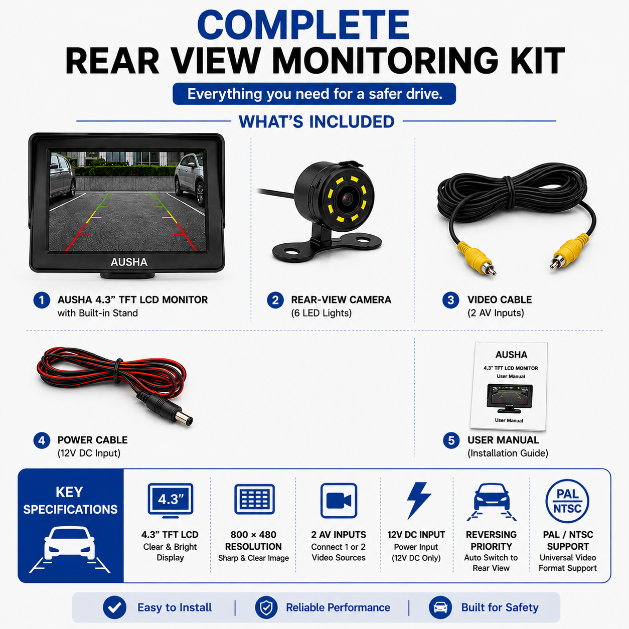 AUSHA Universal Car Rear View Camera with Display