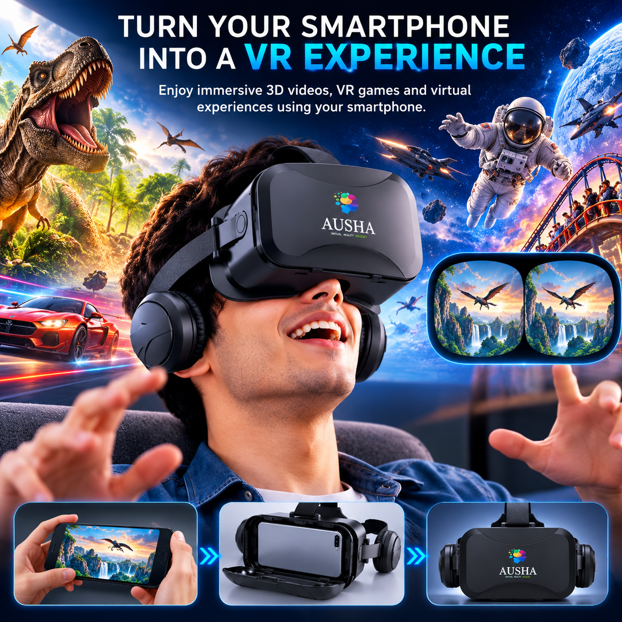 AUSHA Virtual Reality Glasses with Headphones
