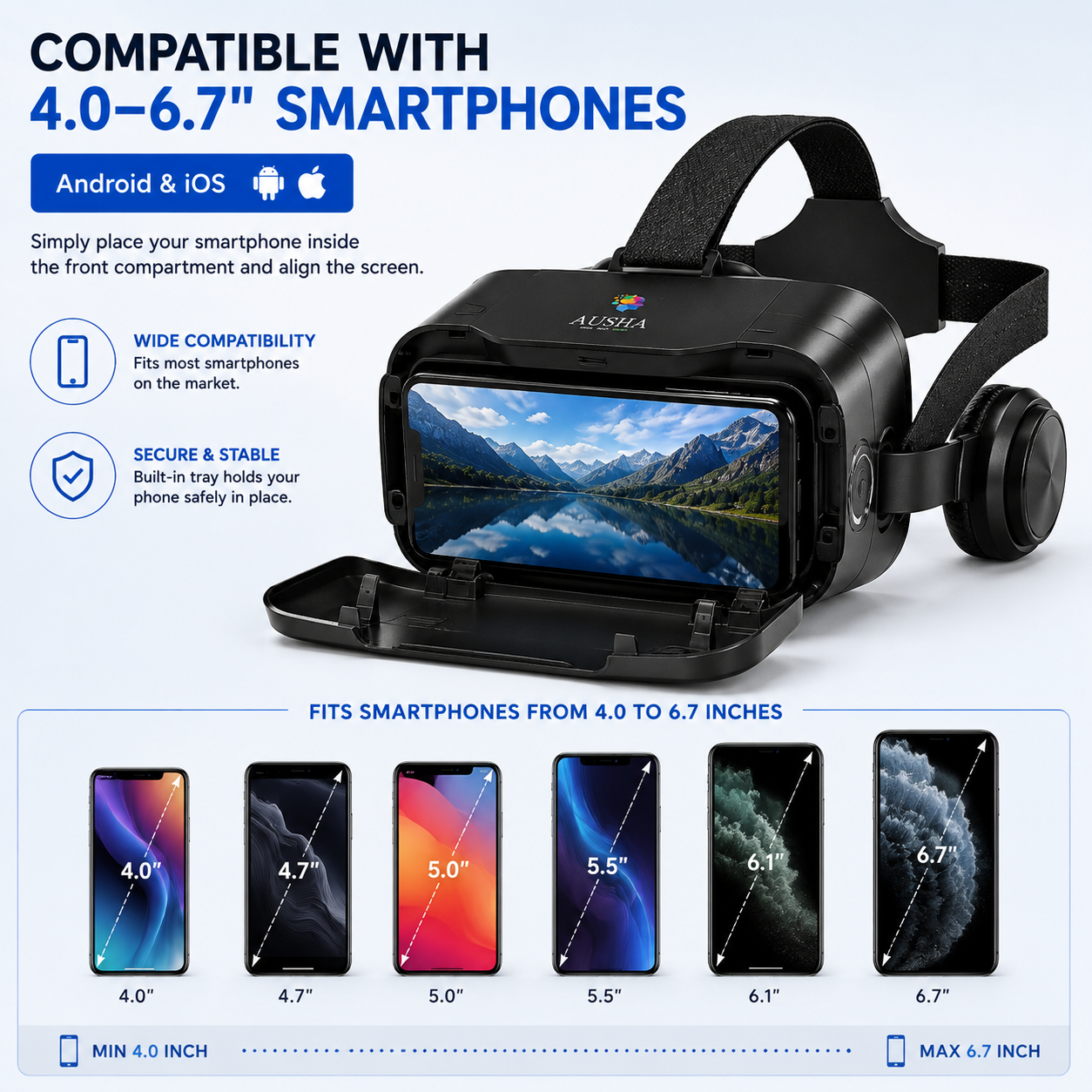 AUSHA Virtual Reality Glasses with Headphones