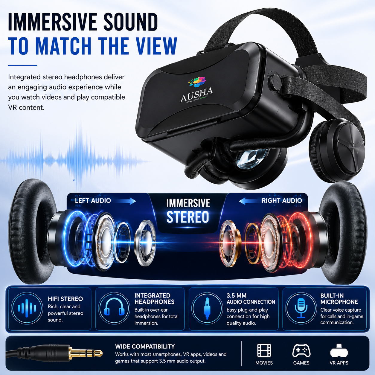 AUSHA Virtual Reality Glasses with Headphones
