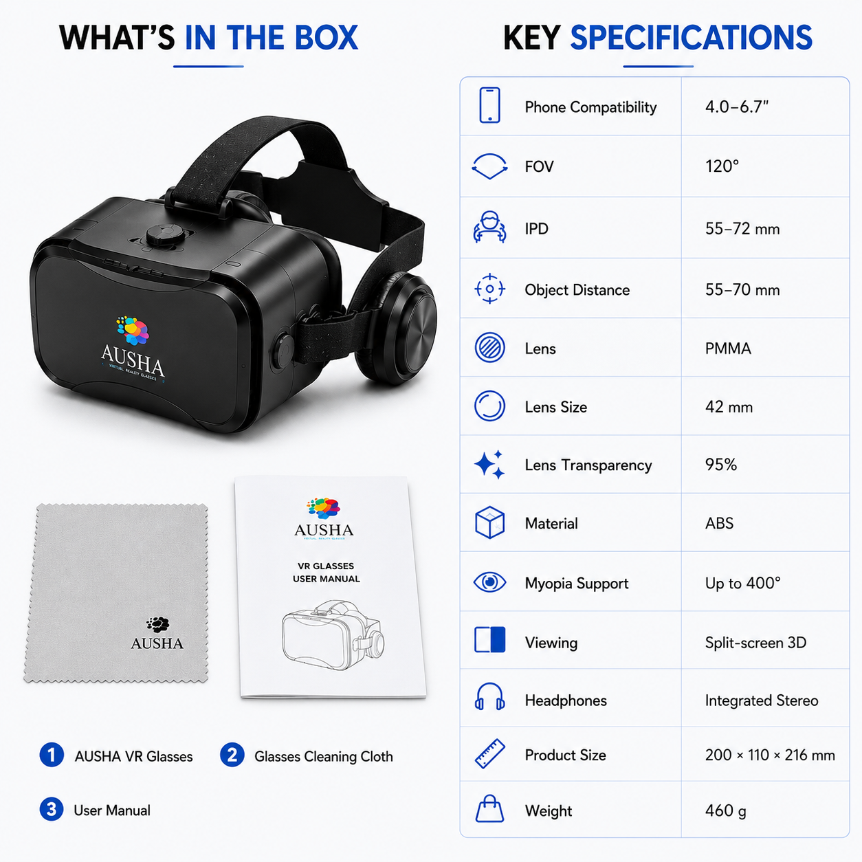 AUSHA Virtual Reality Glasses with Headphones