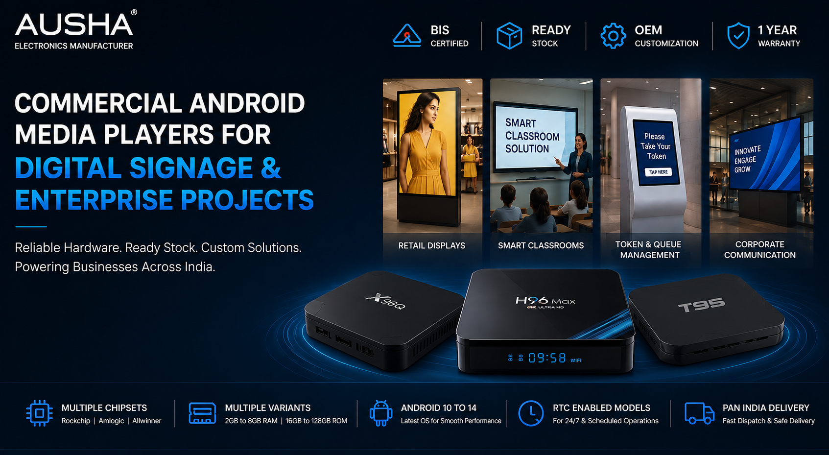 AUSHA Commercial Android Media Players for Digital Signage, Smart Classrooms and Enterprise Projects