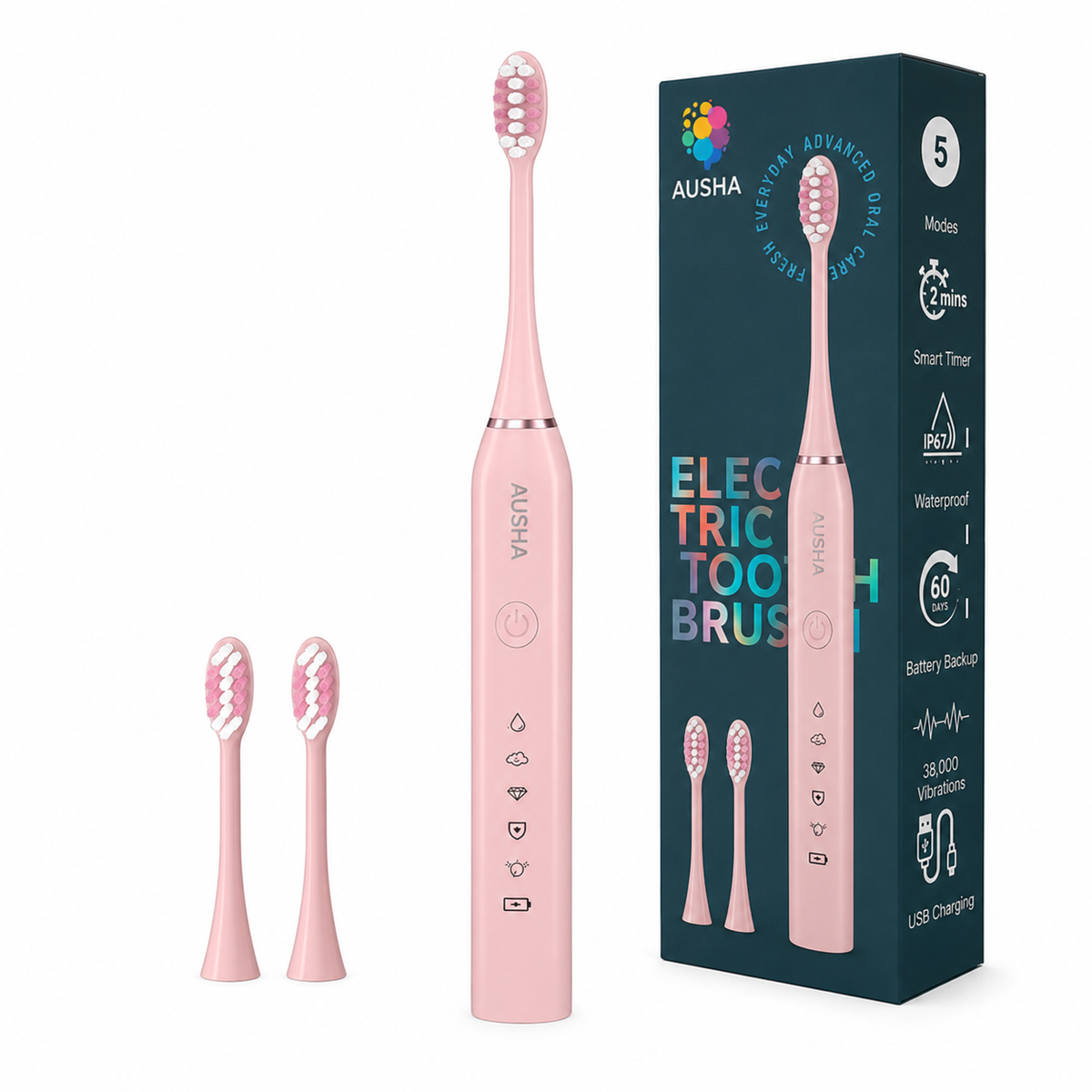 AUSHA Electric Toothbrush for Adults -5 Modes & 3 Brush Heads
