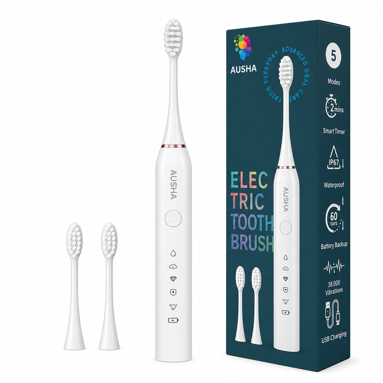 AUSHA Electric Toothbrush for Adults -5 Modes & 3 Brush Heads