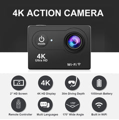 4k Action Camera 60fps with EIS Stabilization, Remote Control, WiFi
