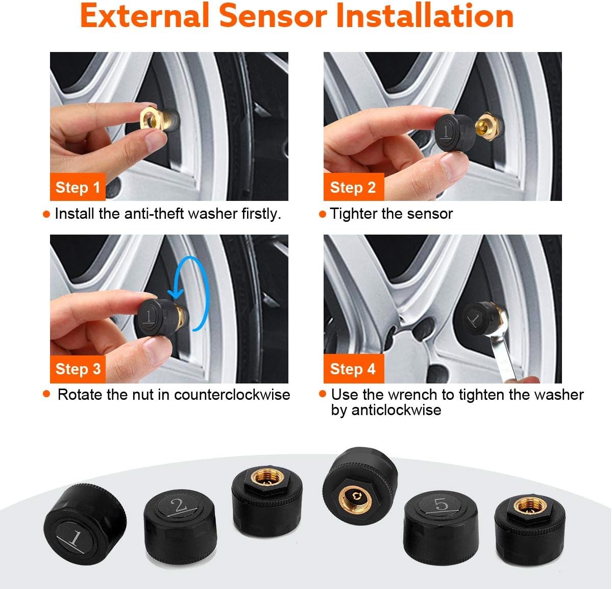 TPMS with 6 External Sensors for Trucks, Cars